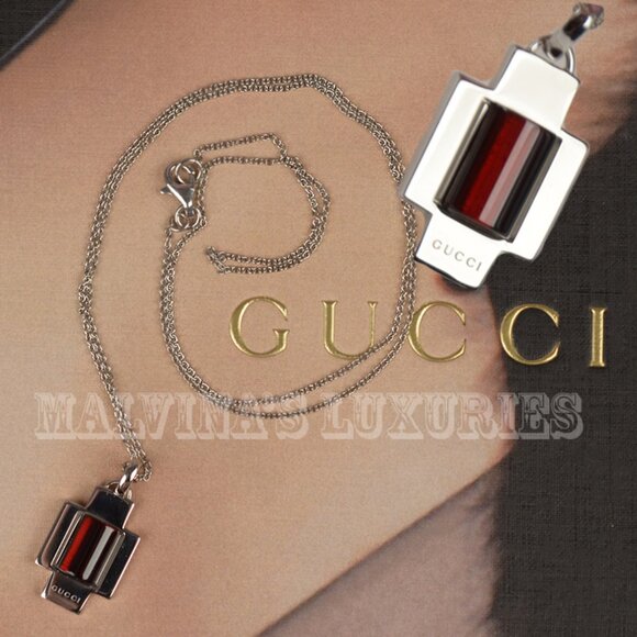 GUCCI NECKLACE GARNET CROSS LOGO PENDANT STERLING SILVER CHAIN 354930 - Picture 1 of 6